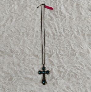 Betsey Johnson Gunmetal Blue Stones Cross Necklace